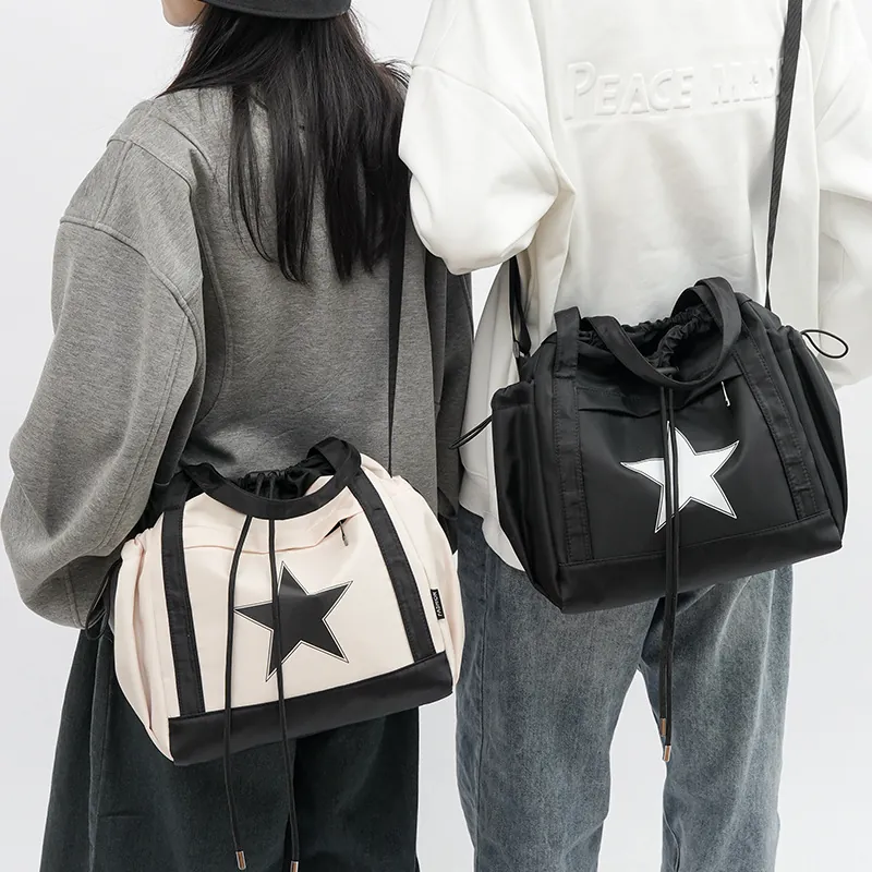 Large Capacity Nylon Tote Bag With Star Pattern Drawstring Closure Waterproof Shoulder Bag For Outdoor Travel Casual Trendy