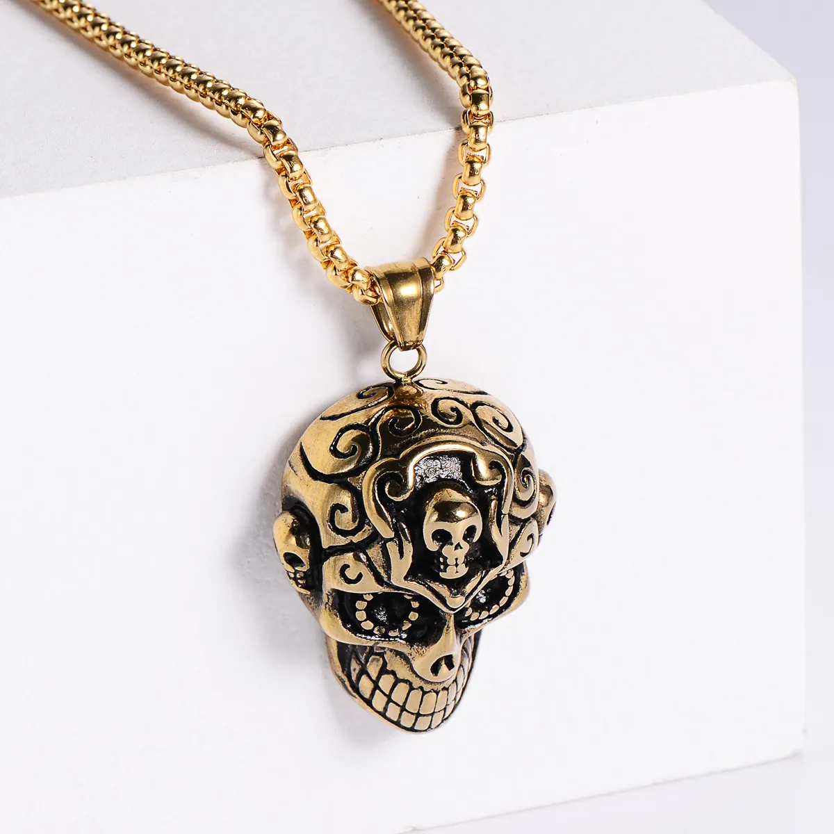 Skull Pendant Necklace 304 Stainless Steel Gothic Relief Carved Vintage Punk Rock Hip Hop Jewelry For Men