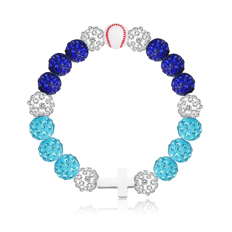 Baseball Cross Beaded Bracelet Colorful Rhinestone Ball Beads Sporty Hip Hop Elastic Wristband Jewelry