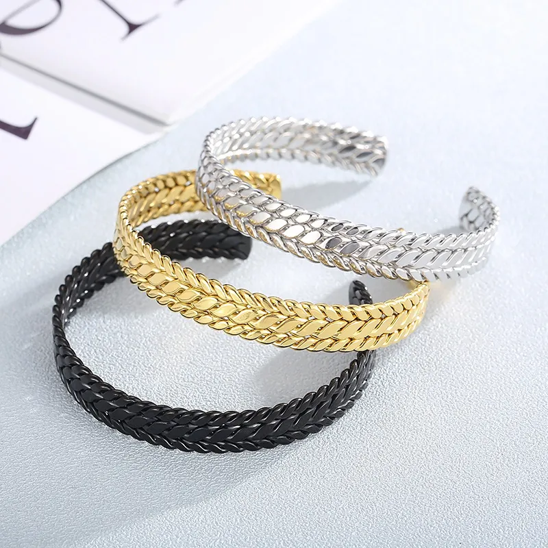 Wheat Braided Texture Stainless Steel Open Cuff Bangle Bracelet For Women Minimalist Fashion Trendy Accessory