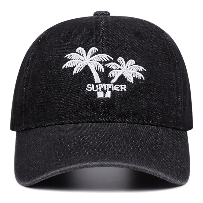 Washed Denim Baseball Cap Palm Tree Embroidery Summer Sun Hat Adjustable Casual Vintage Style For Men Women