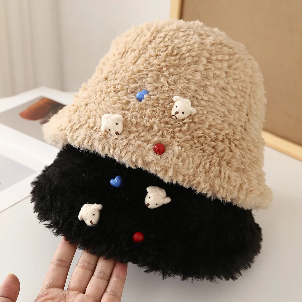 Women Plush Bucket Hat Faux Rabbit Fur Warm Winter Cute Cartoon Bear Patch Heart Decor Adjustable Basin Hat