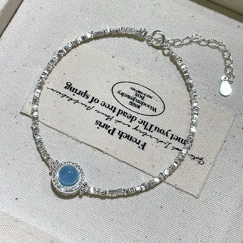 Elegant Bamboo Joint Aquamarine Blue Gemstone Bracelet For Women Silver Plated Copper With White Zircon French Style