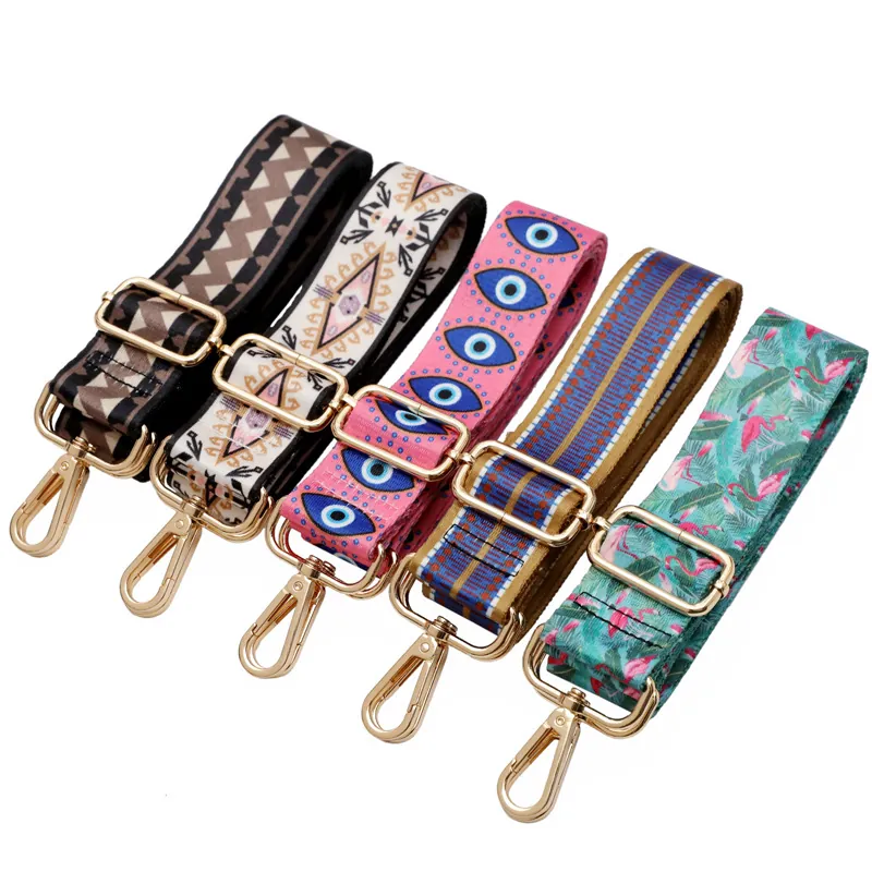 Wide Shoulder Bag Strap Replacement Adjustable Ethnic Geometric Printed Webbing Polyester Metal Hooks For Handbag
