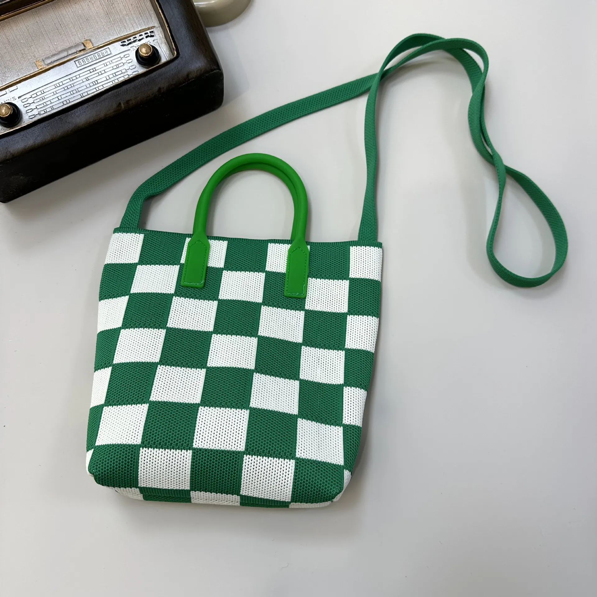 Checkerboard Knit Handbag Retro Korean Niche Design Knitted Polyester Shoulder Crossbody Bag For Women Daily Casual