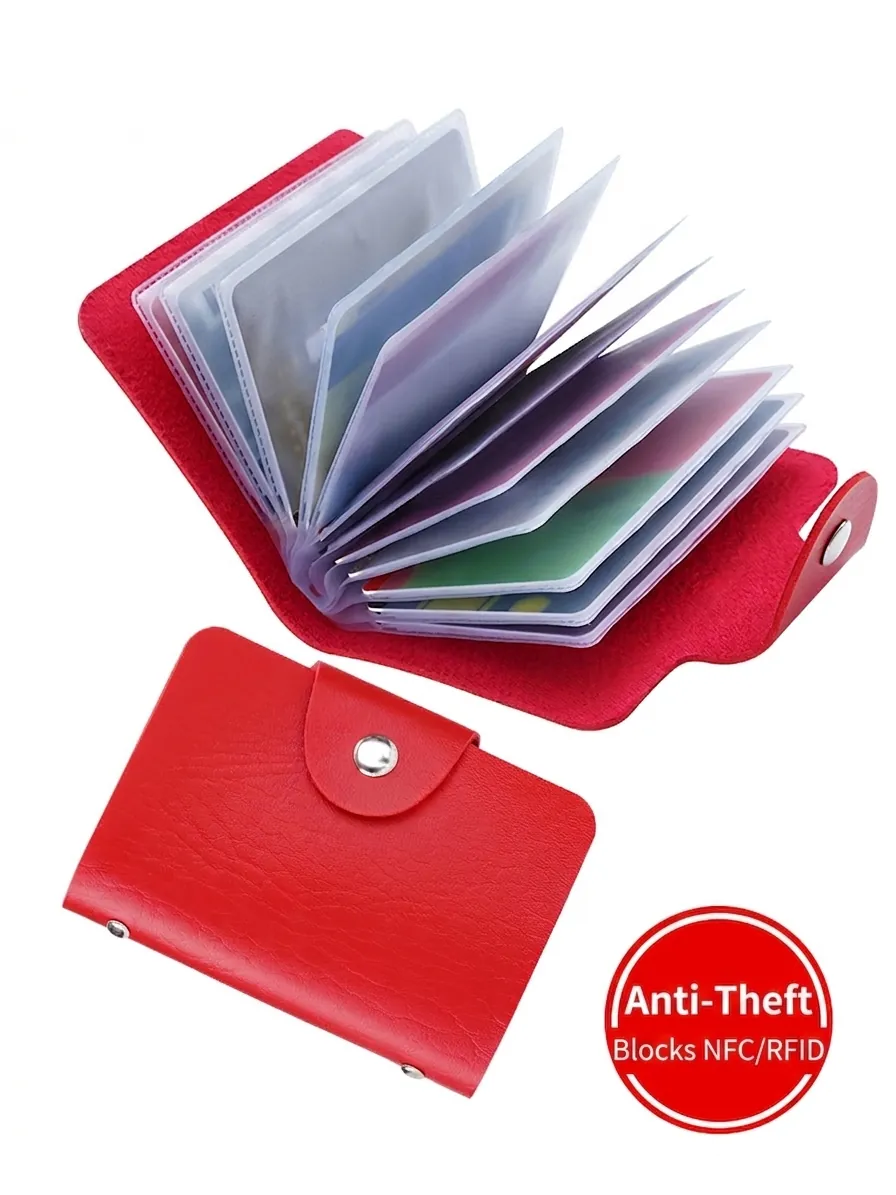 RFID Blocking Card Holder Wallet Faux Leather Multi Slot Credit Cards ID Organizers Anti Theft Metal Button Closure