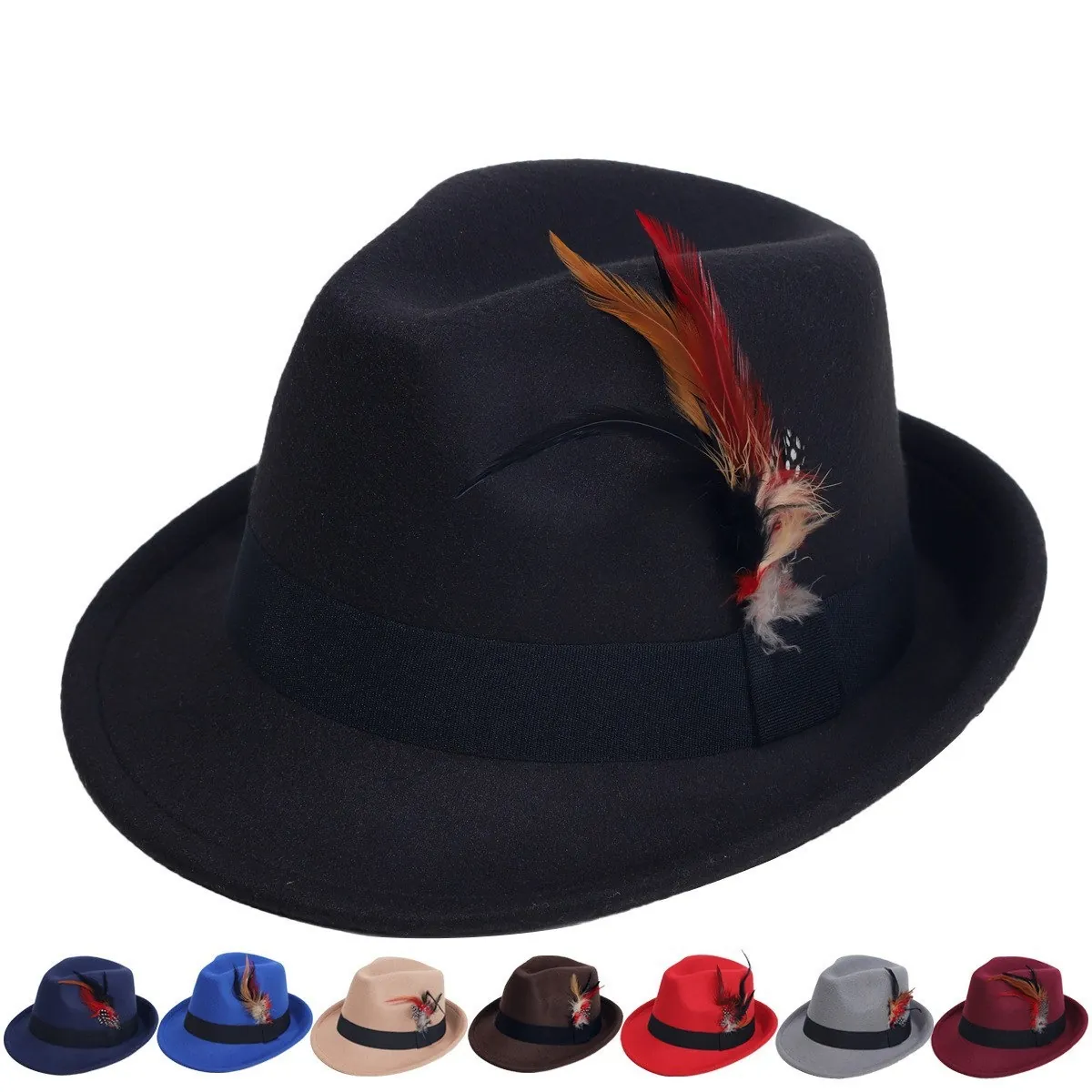 Cappello Fedora Vintage in Poliestere Con Decorazione di Piume Stile Britannico Jazz Cap per Uomo Donna Tinta Unita Elegante Cappello Formale