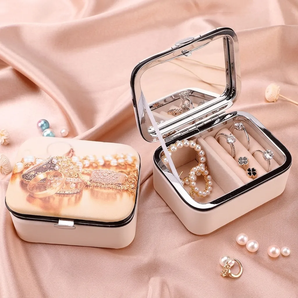 Portable Mini Jewelry Box PU Leather Case With Mirror For Earrings Rings Necklaces Travel Storage Artistic Printed