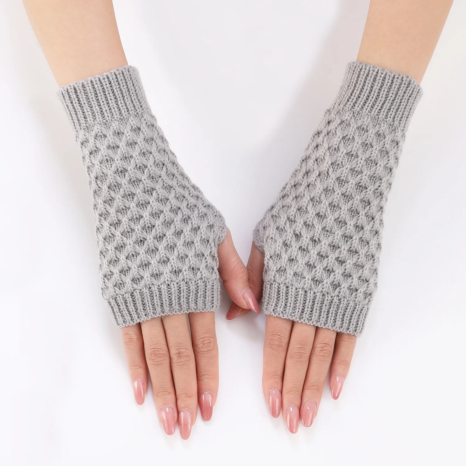 Women Winter Knitted Fingerless Gloves Warm Acrylic Pineapple Pattern Wrist Arm Warmer Crochet Mittens Faux Sleeves