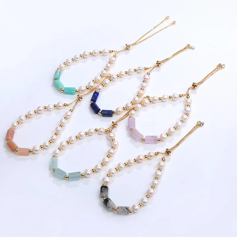Freshwater Pearl Natural Gemstone Bracelet Adjustable Slider Clasp Gold Plated Elegant Jewelry Gift For Women