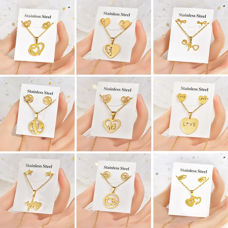 Stainless Steel Necklace And Stud Earrings Gold Heart Shape LOVE Heartbeat Design Sweet Romantic Jewelry For Women