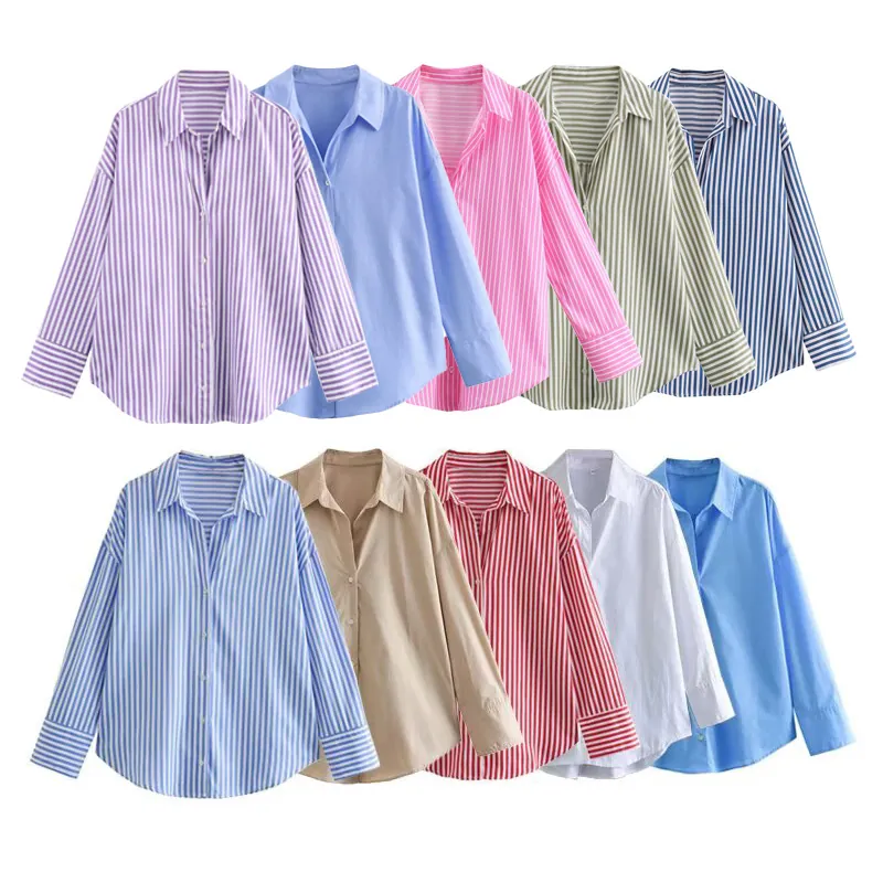 Women Long Sleeve Button Down Shirt Blouse Loose Fit Poplin Striped Solid Color Lapel Top Y2K Streetwear Fashion