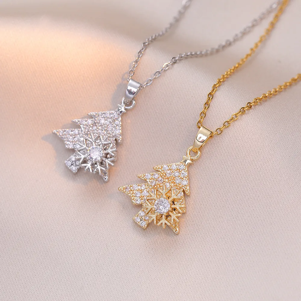 Collana Con Ciondolo Albero Di Natale In Acciaio Al Titanio Con Fiocco Di Neve Rotante Pavé Di Zirconi Gioielli Natalizi Da Donna