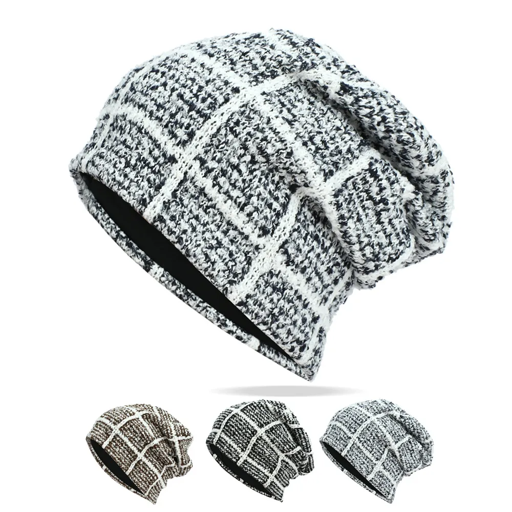 Unisex Knit Beanie Hat Acrylic Winter Warm Plaid Checkered Slouchy Pullover Cap For Men Women