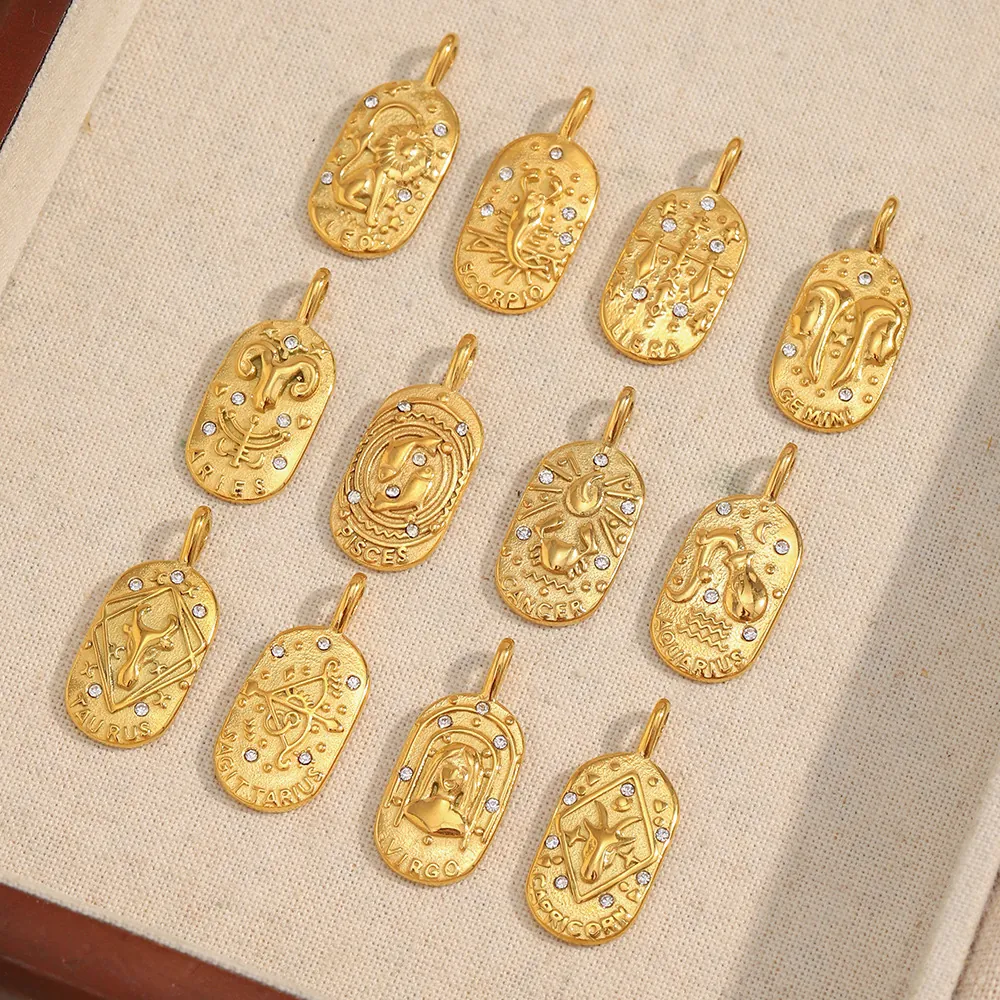 Zodiac Sign Constellation Pendant Charms 18K Gold Plated Stainless Steel With Cubic Zirconia Oval Medallion Vintage
