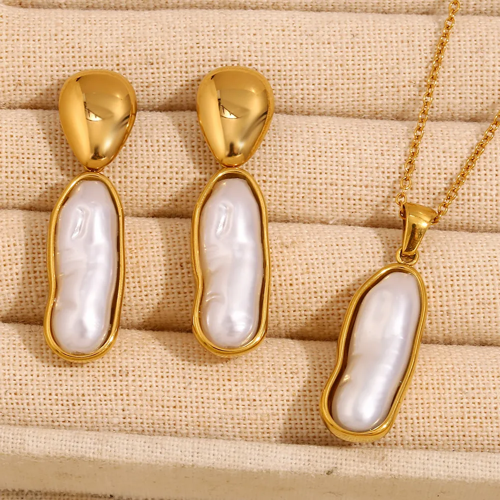 Collier En Künstliche Perles Baroques Et Boucles D Oreilles Pendantes Femme Acier Inoxydable Plaqué Or Bijoux Géométriques