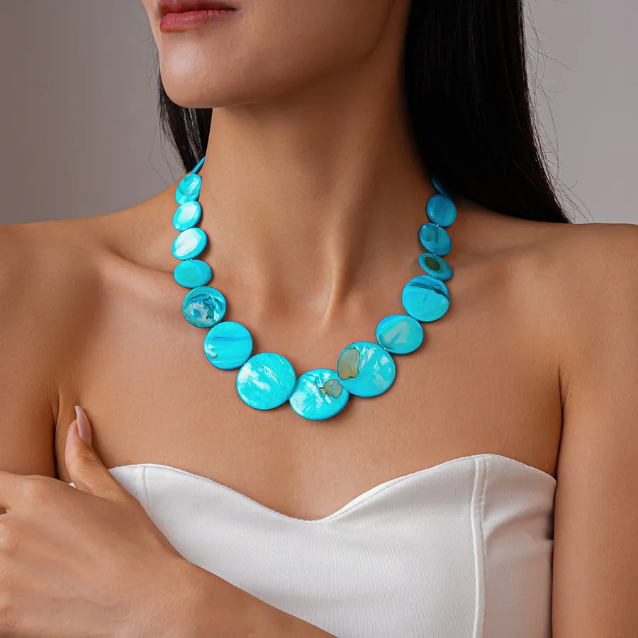 Bohemian Shell Beaded Necklace Round Gradient Alloy Choker For Women Beach Vacation Vintage Chic Handmade Jewelry