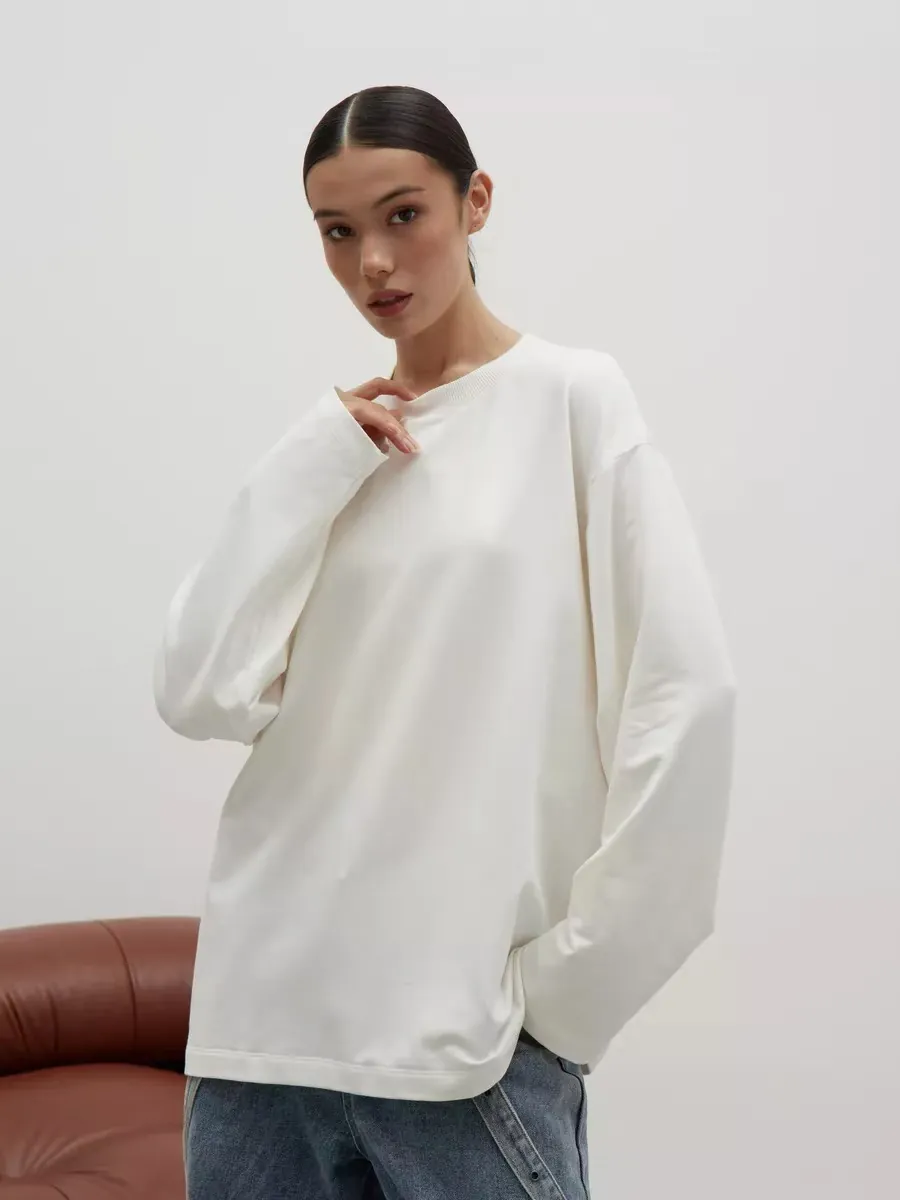 Maglietta A Maniche Lunghe Da Donna Tinta Unita Cotone Girocollo Vestibilità Ampia Casual Morbida Traspirante