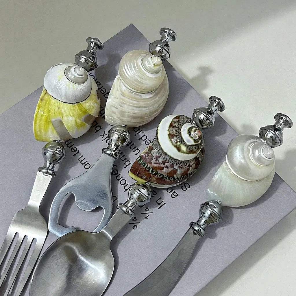 Natural Conch Shell Handle Stainless Steel Fork Spoon Butter Knife Bottle Opener Mediterranean Ocean Theme Tableware