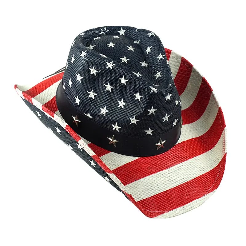 Western Cowboyhut Papierstroh US Flagge Sterne Streifen Metallnieten Atmungsaktiv Sonnenschutz Outdoor Sommer Herren Damen