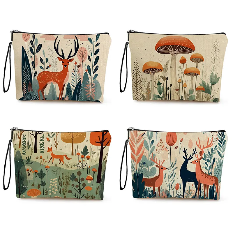 Forest Animal Print Makeup Bag Fine Linen Zippered Cosmetic Pouch Portable Travel Storage Organizer For Women Girls