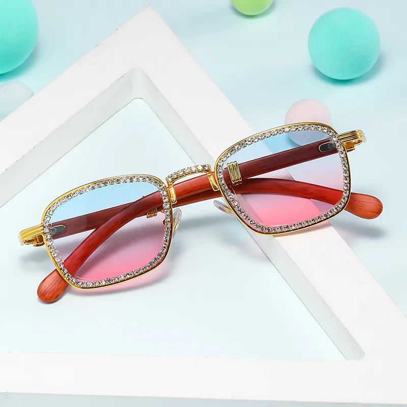 Luxury Square Sunglasses Metal Frame Rhinestone Wood Grain Temples Gradient UV400 Eyewear For Men Women