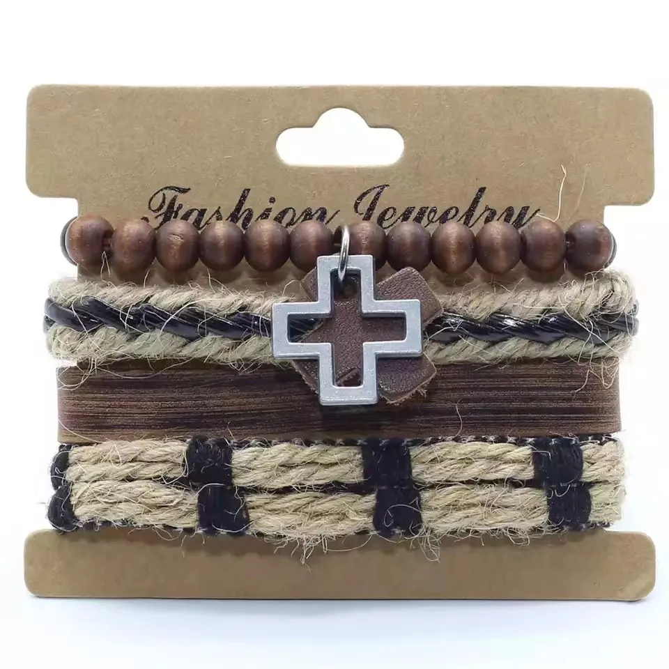 Ensemble de Bracelets en Cuir Multicouche Rétro pour Hommes Corde Tressée Perles en Bois Pendentif Croix en Alliage Style Punk Bijoux