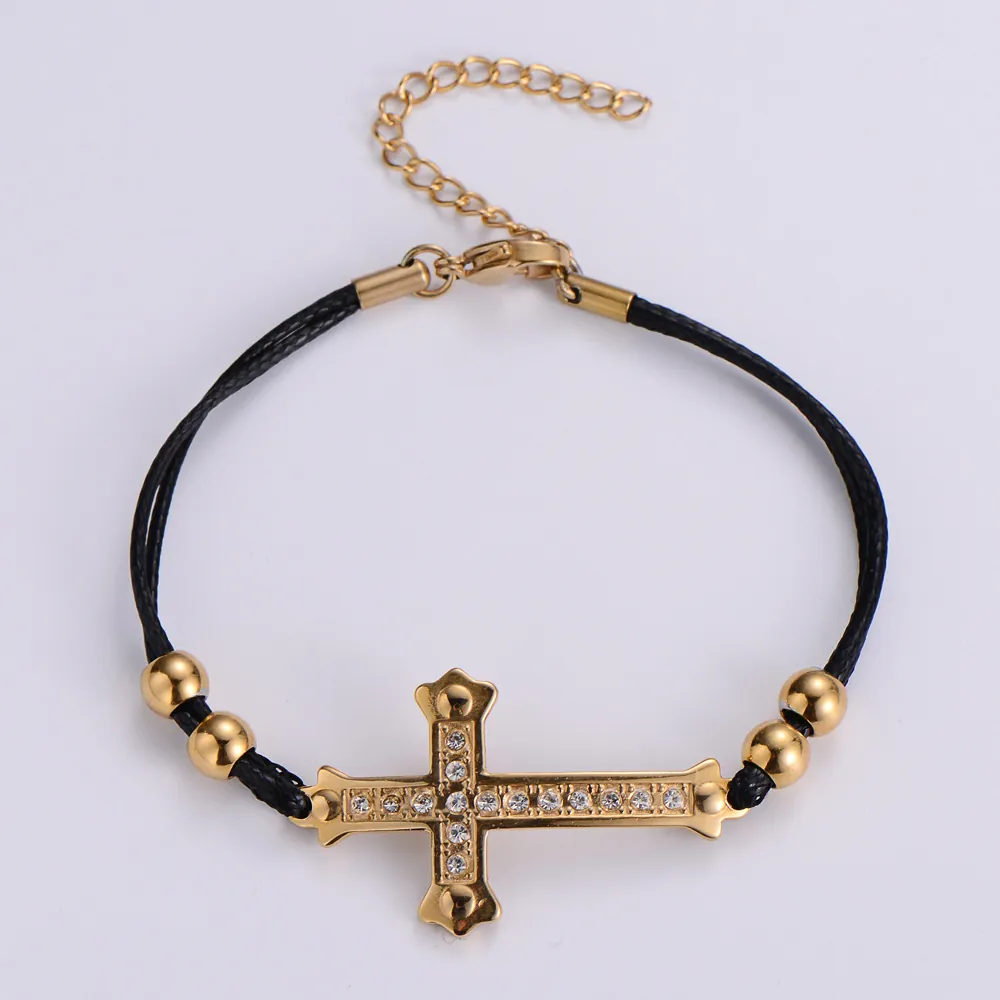 Cross Charm Bracelet Stainless Steel Rhinestone Inlaid Adjustable Woven Cord Jewelry For Women Best Friends Gift