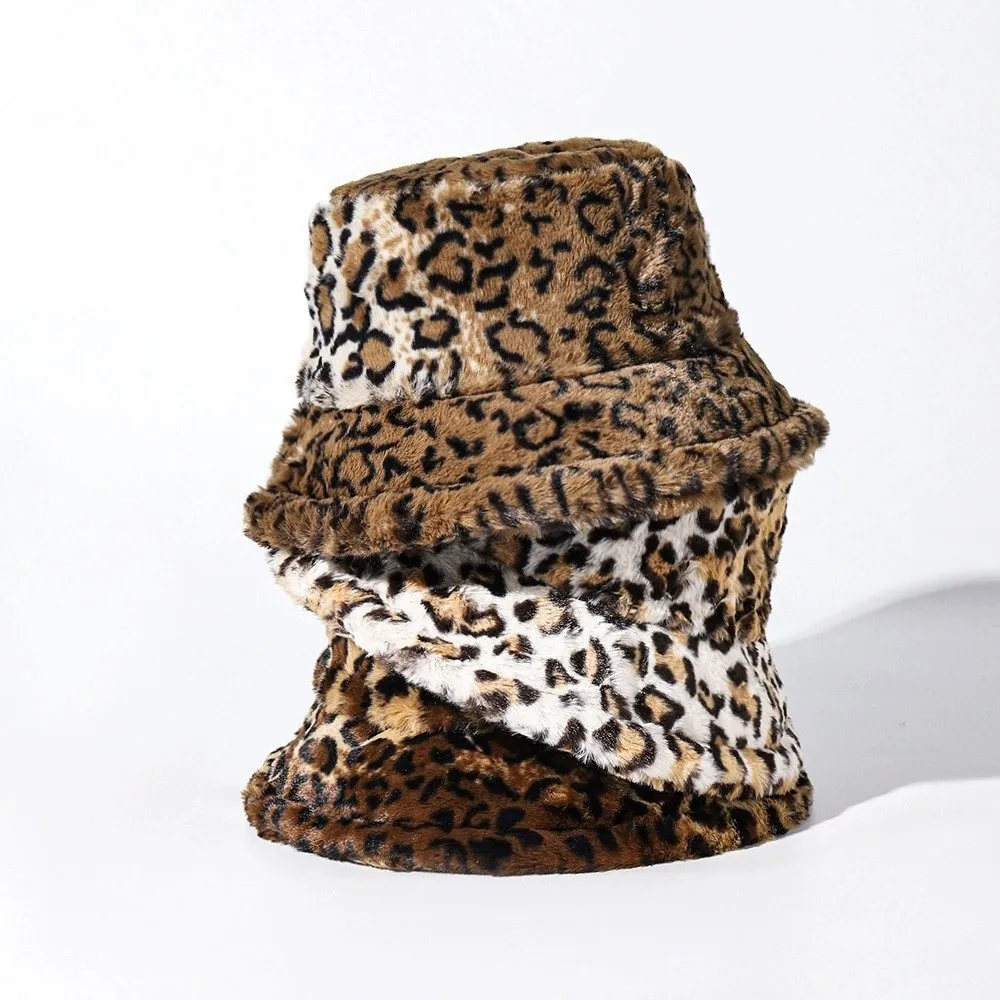 Leopard Print Faux Fur Bucket Hat Gradient Warm Winter Plush Fisherman Hat Adjustable Windproof Retro Street Style