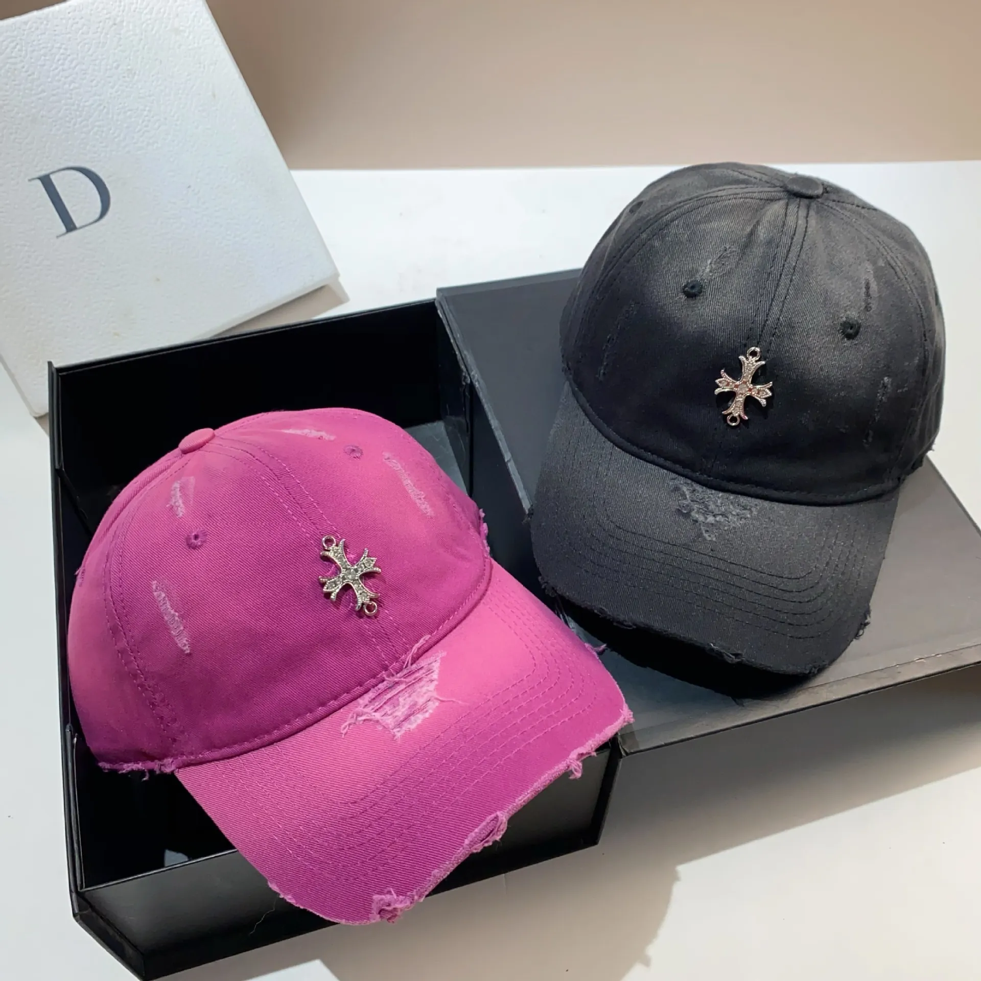 Vintage Distressed Cotton Baseball Cap Metal Cross Rhinestone Ripped Washed Denim Hat Streetwear Punk Unisex Sun Protection