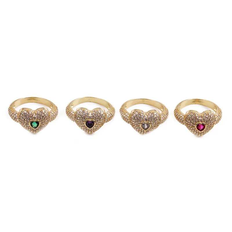 Bague Coeur Cuivre Micro Pavé Zircone Étincelant Bijoux De Doigt Colorés Pour Femmes Cadeau Élégant