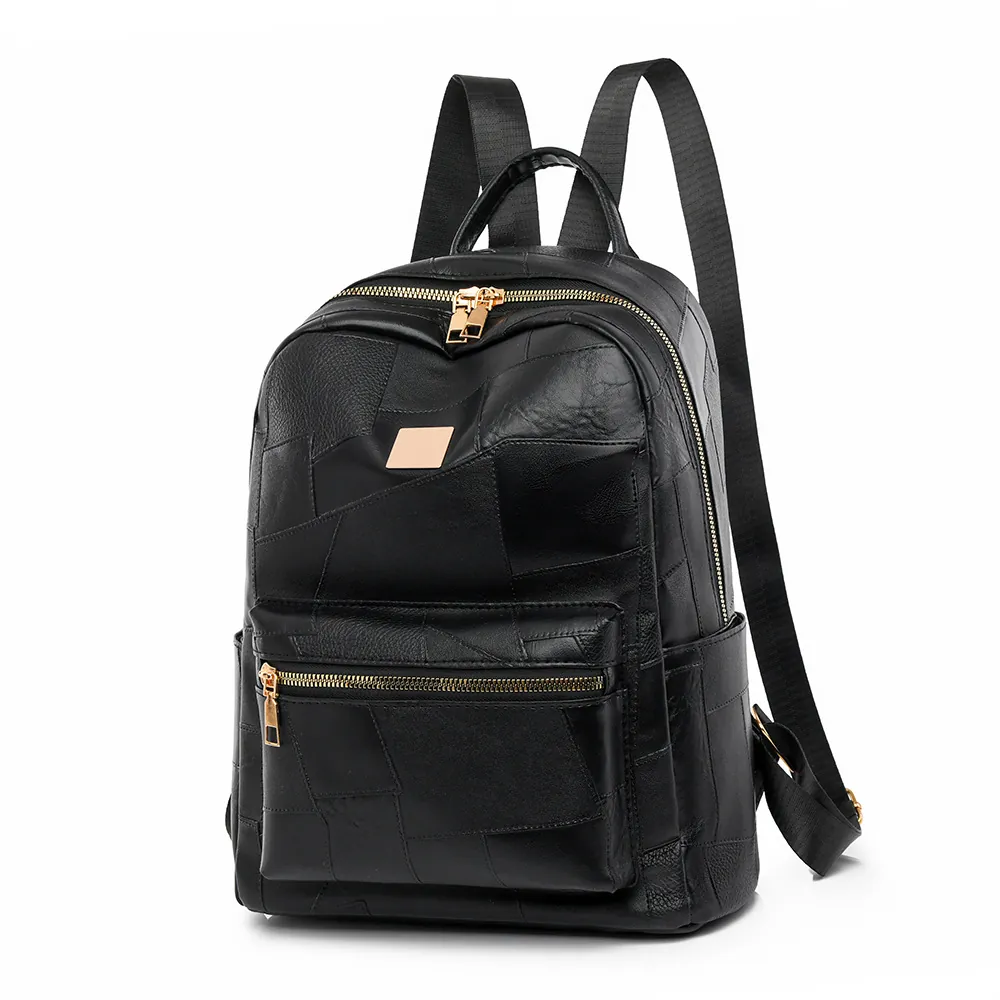 Women Patchwork PU Leather Backpack Large Capacity Fashion Simple Commuting Vintage Travel School Bag Gold Hardware