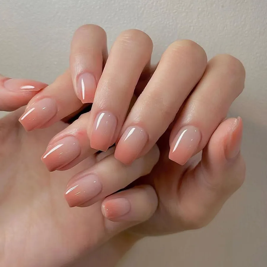 Press On Nails Peach Ombre Nude Gradient Glossy Finish Square Shape Women Manicure Art Professional Reusable