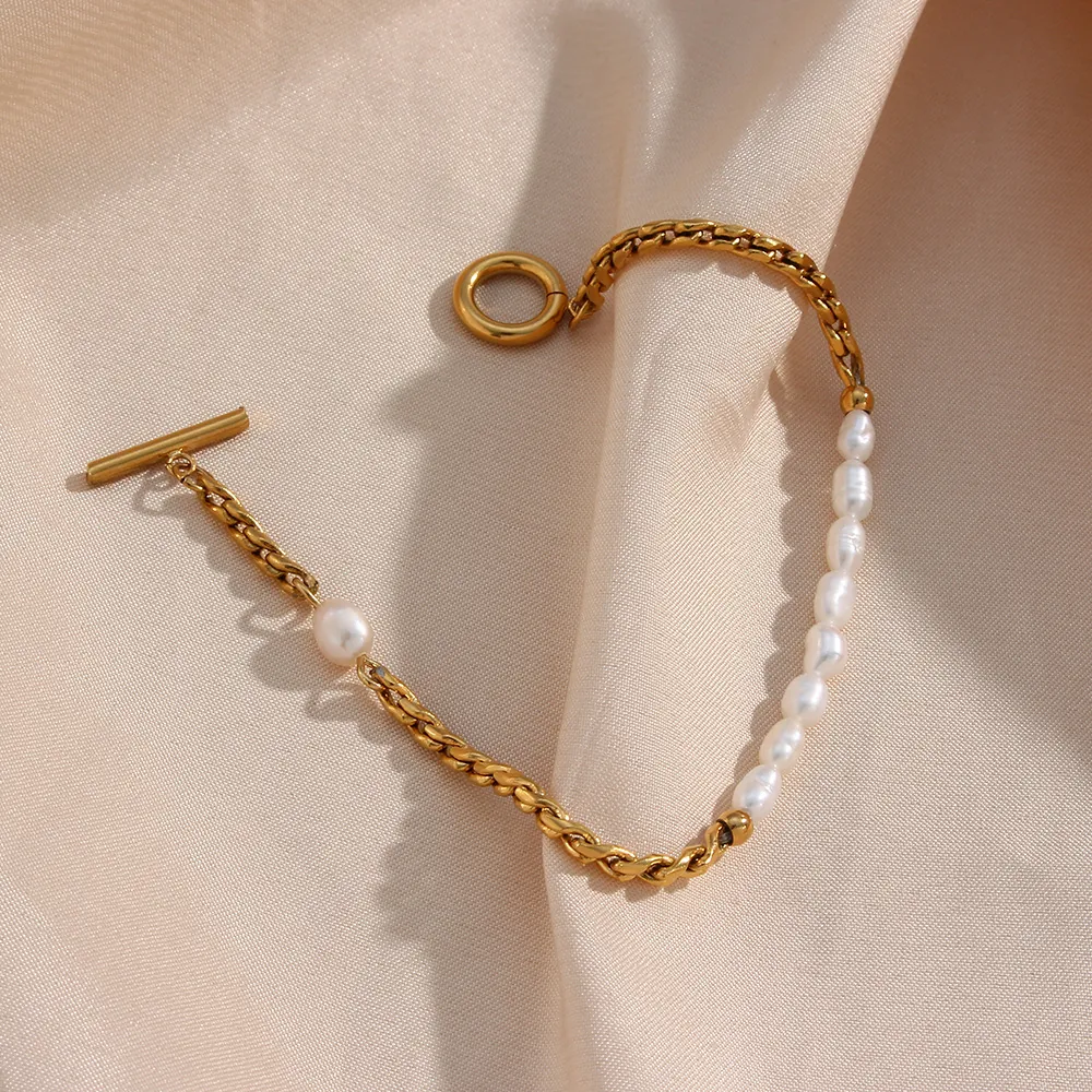 Artificial Pearl Bracelet Stainless Steel Twisted Rope Chain Spliced Vintage Fashion OT Toggle Clasp Jewelry For Women