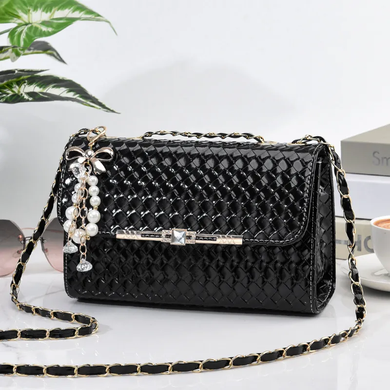 Woven PU Leather Crossbody Bag Gold Chain Strap Artificial Pearl Butterfly Charm Rhinestone Buckle Elegant Square Purse