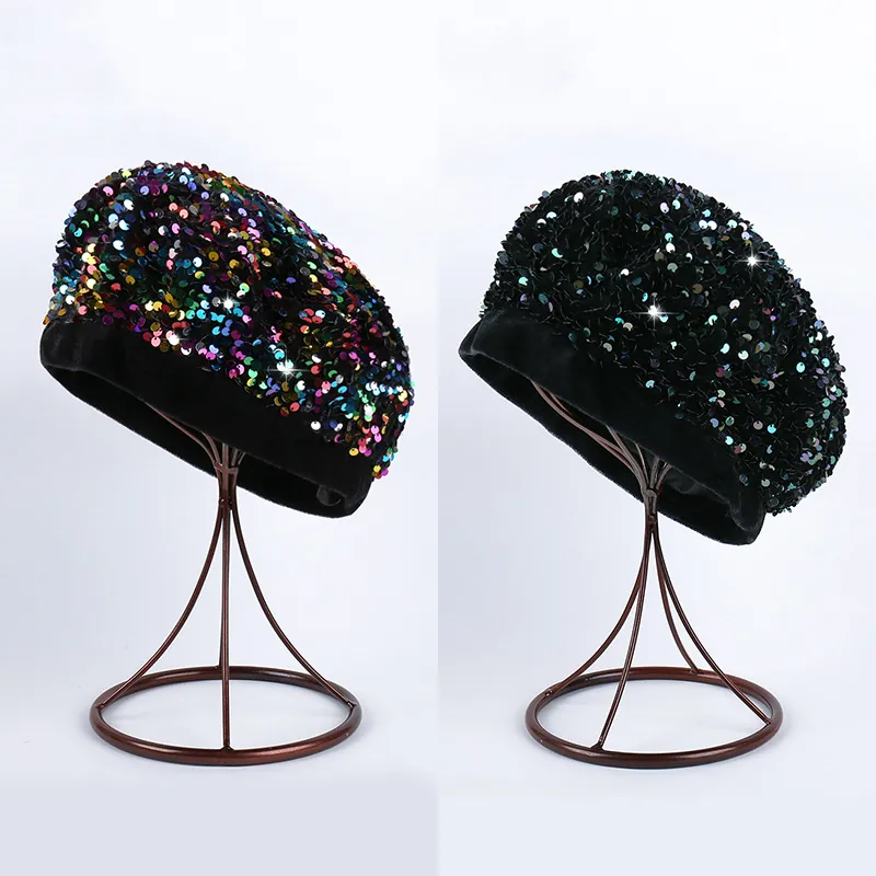 Women Vintage Shimmering Sequin Beret Hat Fashion Flocking Sequin Painter Hat Warm Winter Pumpkin Cap For Party Performance