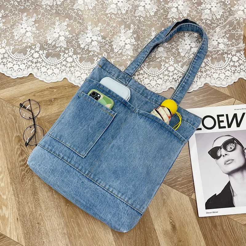 Borsa Tote In Denim Grande Capacità Borsa A Spalla Con Tasche Funzionali Stampa Slogan Per Shopping Quotidiano Casual