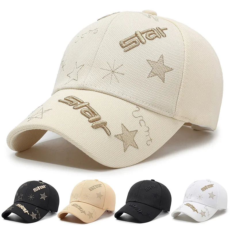 Star Embroidered Baseball Cap Unisex Adjustable Sporty Sun Protection Polyester Blend Breathable Hat
