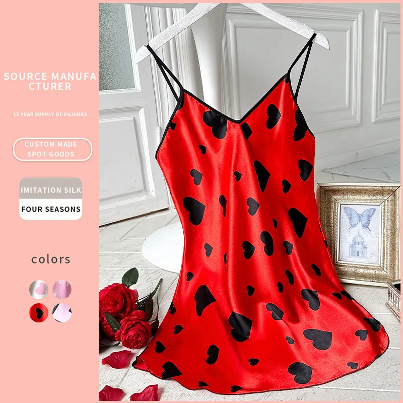 Women Heart Print Satin Nightdress Imitation Satin V-Neck Spaghetti Strap Sleepwear Short Slip Dress Homewear Romantic