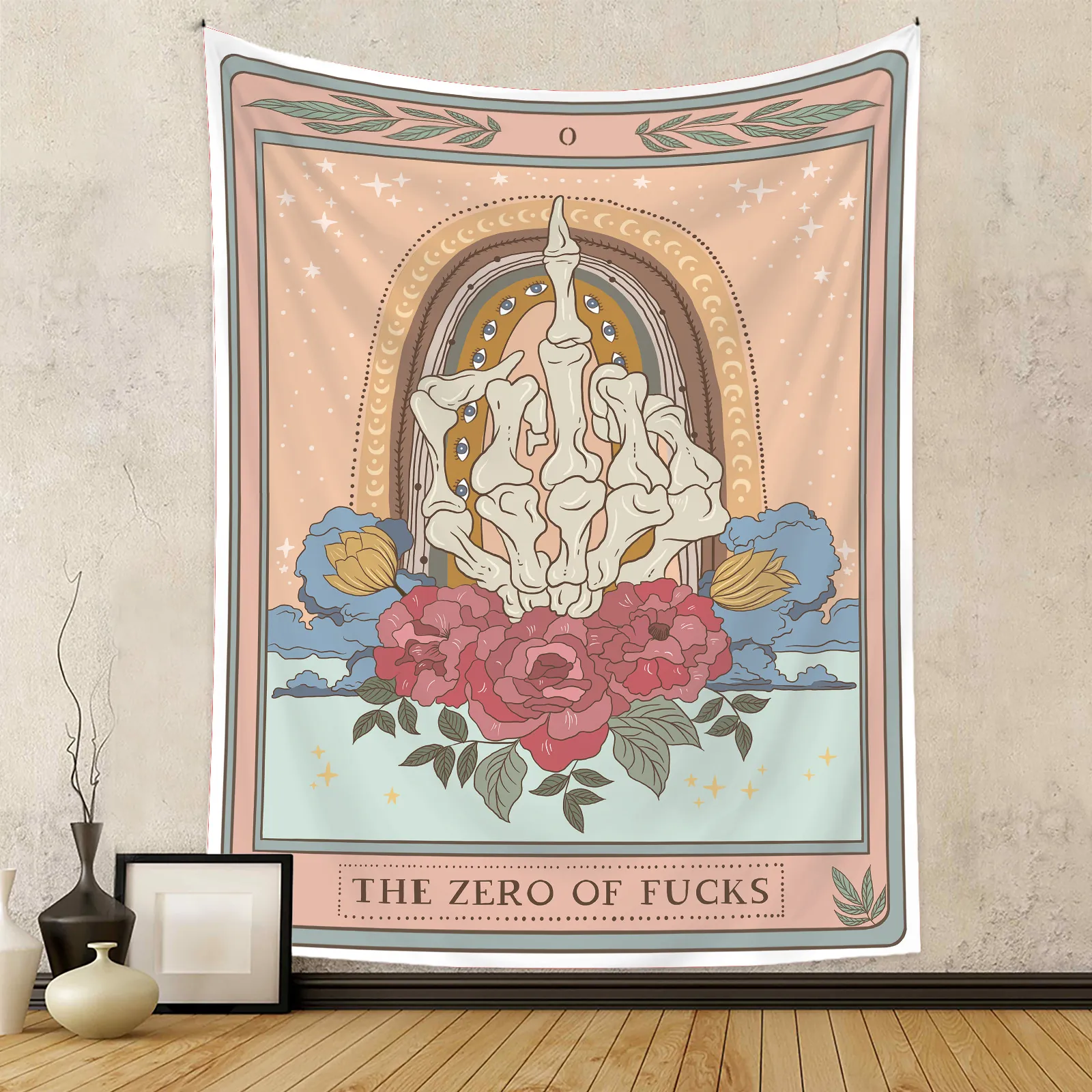 Tarot Card Style Tapestry Skeleton Middle Finger Wall Hanging Polyester Retro Bohemian Mystery Room Decor Art