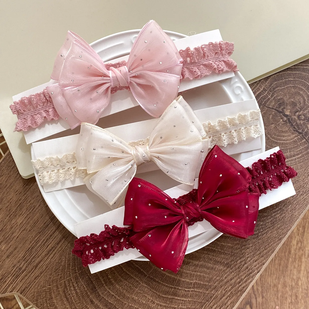 Infant Baby Headband Lace Mesh Large Bow Gold Polka Dots Elastic Hairband For Newborn Toddler Princess Style