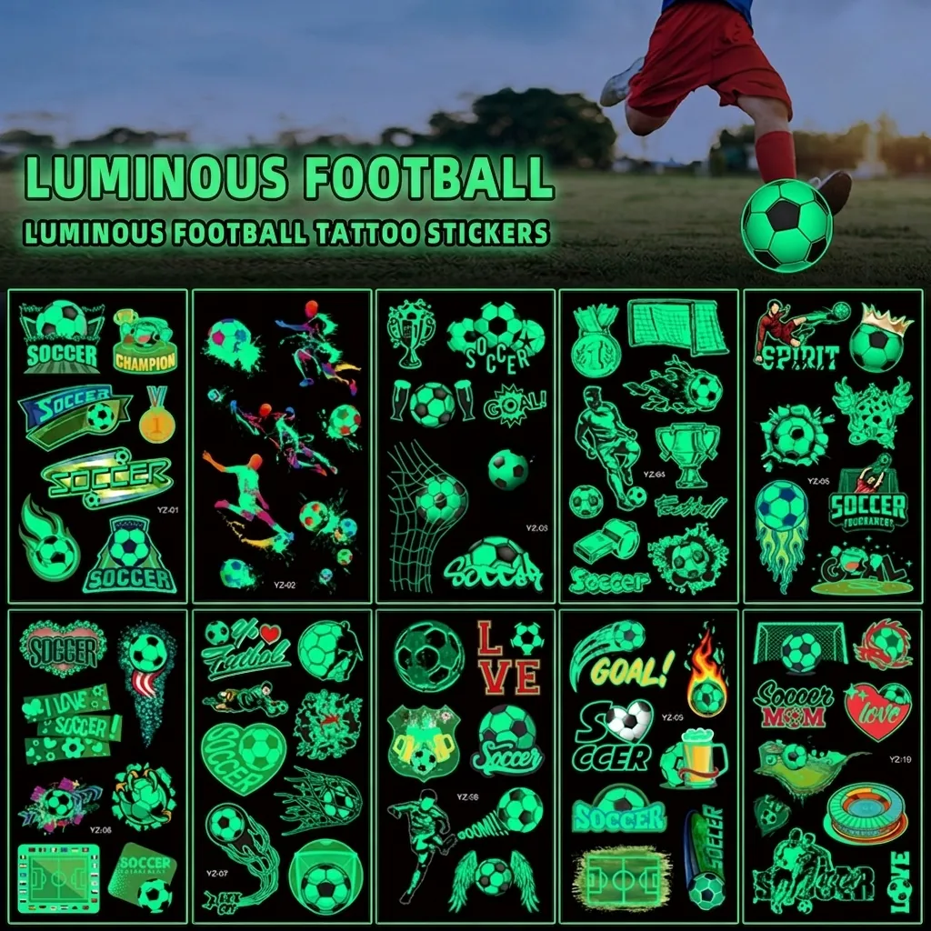 Autocollants de Tatouage Temporaire de Football Lumineux pour Enfants Imperméables Brillant dans le Noir Thème Sport Football Cadeaux de Fête Autocollants Bras Visage