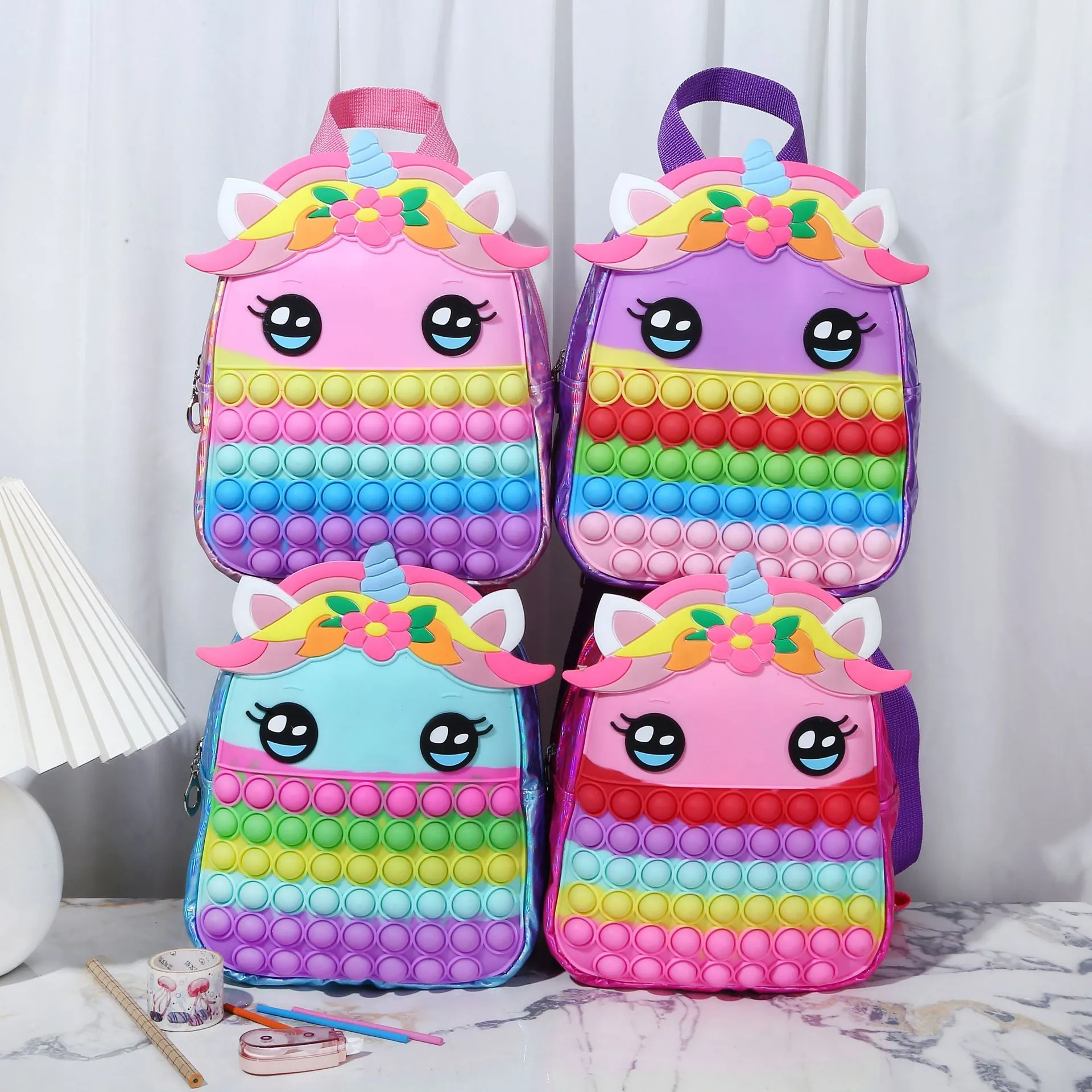Kids Unicorn Backpack Silicone Pop-it Fidget Toy Bag Laser PU Rainbow School Bag For Girls Stress Relief Novelty