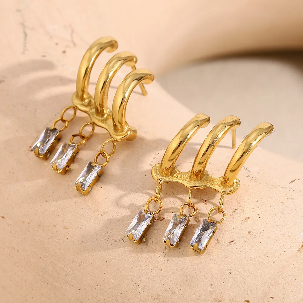 18K Gold Plated Stainless Steel Stud Earrings For Women With Rectangular Zircon Dangle Three Curved Claw Geometric INS Fashion Elegant