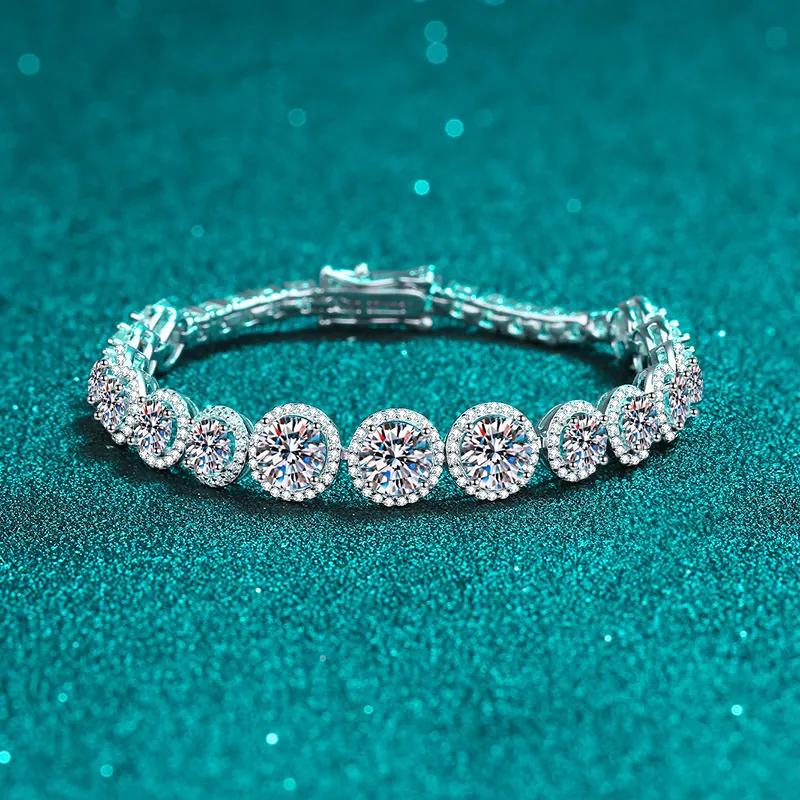 Luxury 925 Sterling Silver Moissanite Tennis Bracelet For Women Round Brilliant Cut Halo Setting Sparkling Fine Jewelry