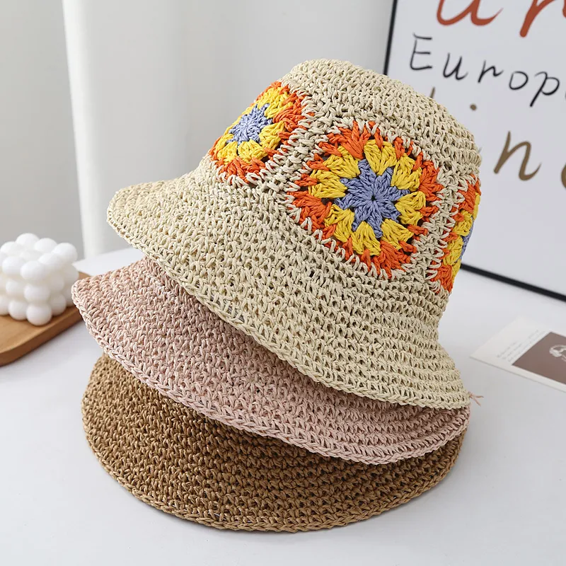 Women Handmade Crochet Paper Straw Bucket Hat Summer Sun Protection Floral Beach Hat Foldable Breathable Sweet Sun Hat