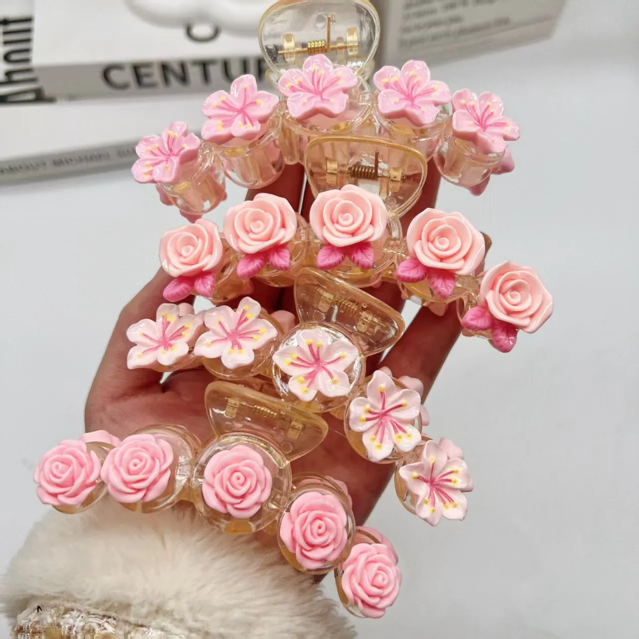 3D Resin Flower Hair Claw Clips Pink Rose Sakura Transparent Acrylic Sweet Style Large Hair Clips For Women