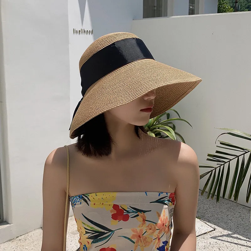 Women's Large Brim Straw Hat With Bow Ribbon Summer Sun Protection Beach Floppy Hat Elegant Breathable Foldable Sunshade Hat For Vacation Travel