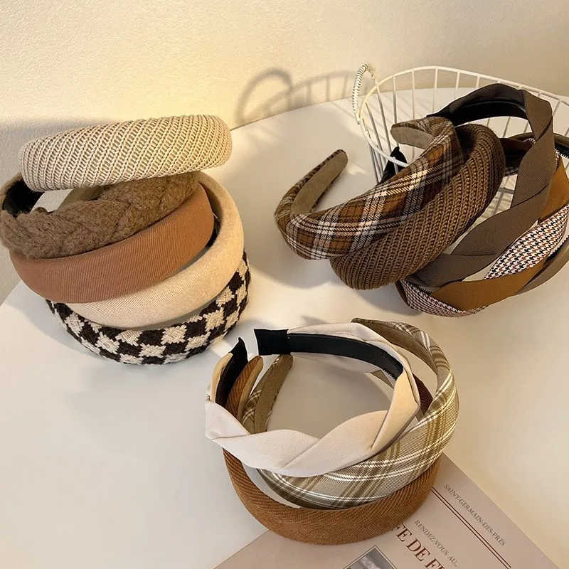 Women Padded Headbands Vintage Thickened Sponge Hair Bands Knit Plaid Braid Faux Leather Twist Retro Accessories