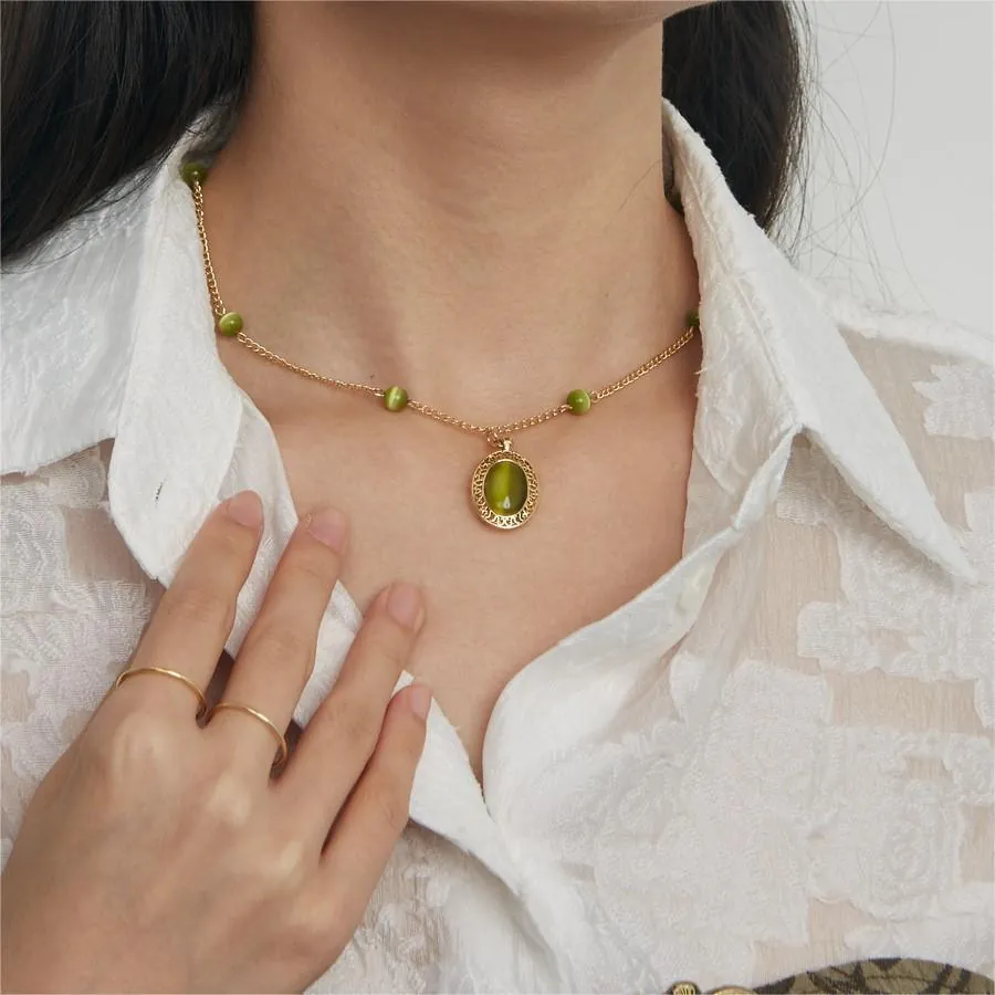 Collana Con Ciondolo In Pietra Naturale Verde Vintage Rame Placcato Oro 18K Perline Stile Boho Retro Donna
